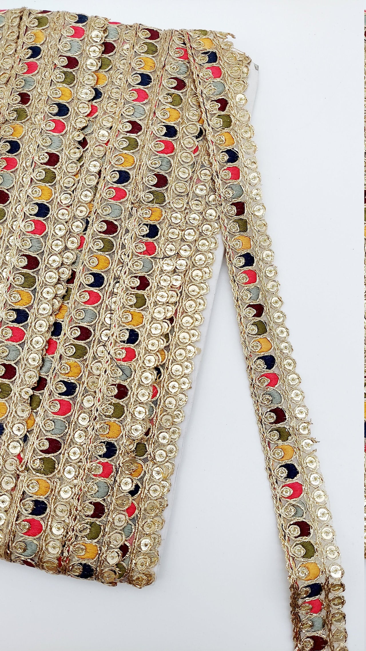 Multicoloured Tissue Fabric Sequin Border, Beige Shimmer Lace Trim, Decorative Trim