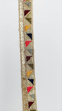 Thumbnail for Gold Sequin Border With Multicoloured Triangle Embroidery, Beige Shimmer Lace Trim, Decorative Trim