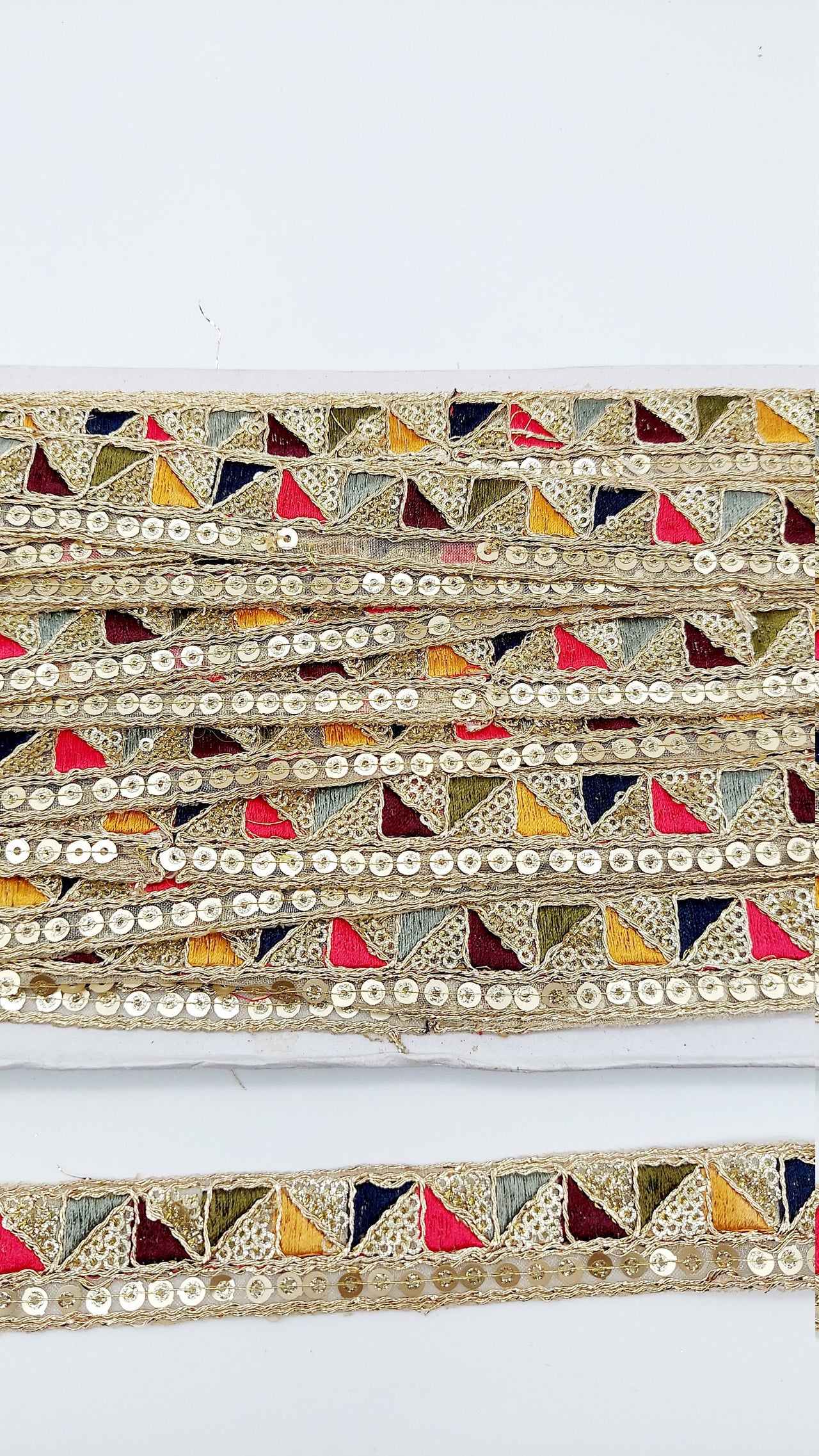 Gold Sequin Border With Multicoloured Triangle Embroidery, Beige Shimmer Lace Trim, Decorative Trim