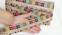 Thumbnail for Gold Sequin Border With Multicoloured Floral Embroidery, Beige Shimmer Lace Trim, Decorative Trim