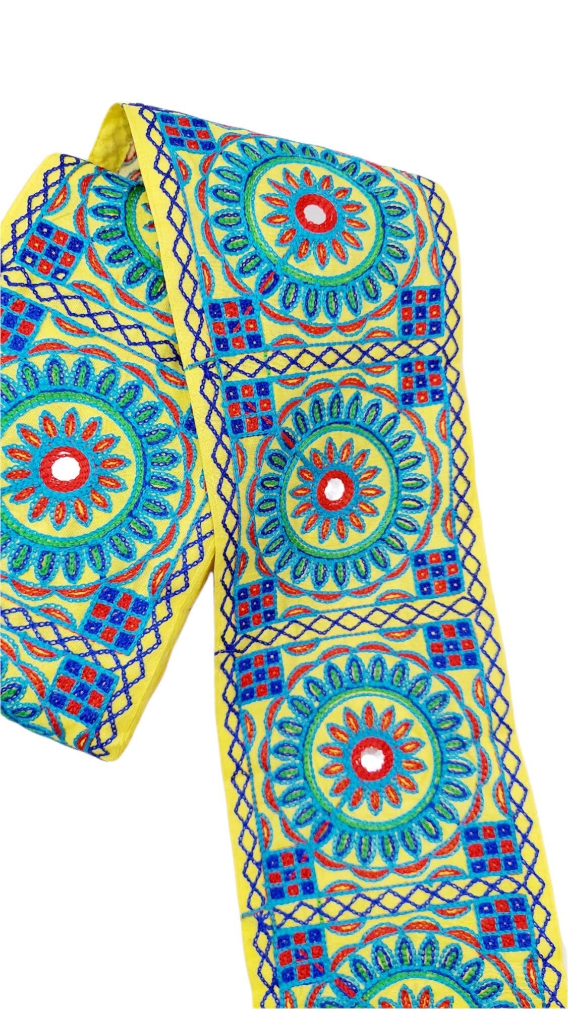Indian Yellow Fabric Trim, Mirror Floral Kutch Embroidered, Decorative Trim