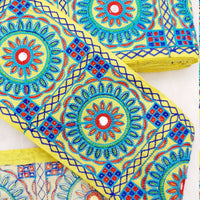 Thumbnail for Indian Yellow Fabric Trim, Mirror Floral Kutch Embroidered, Decorative Trim