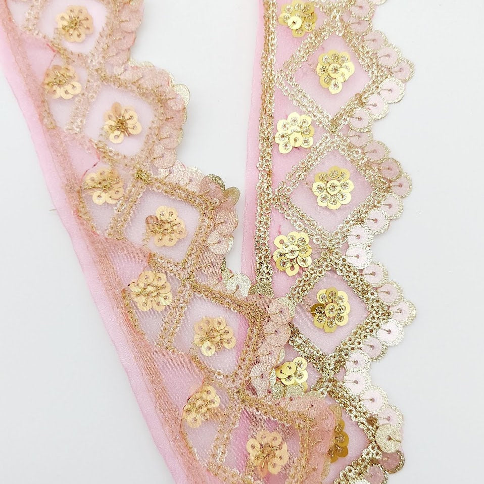Pink Tissue Embroidered Trim, Gold Sequins Trim Decorative Lace Sari Border Costume Ribbon Crafting Sewing Tape, 1 yard