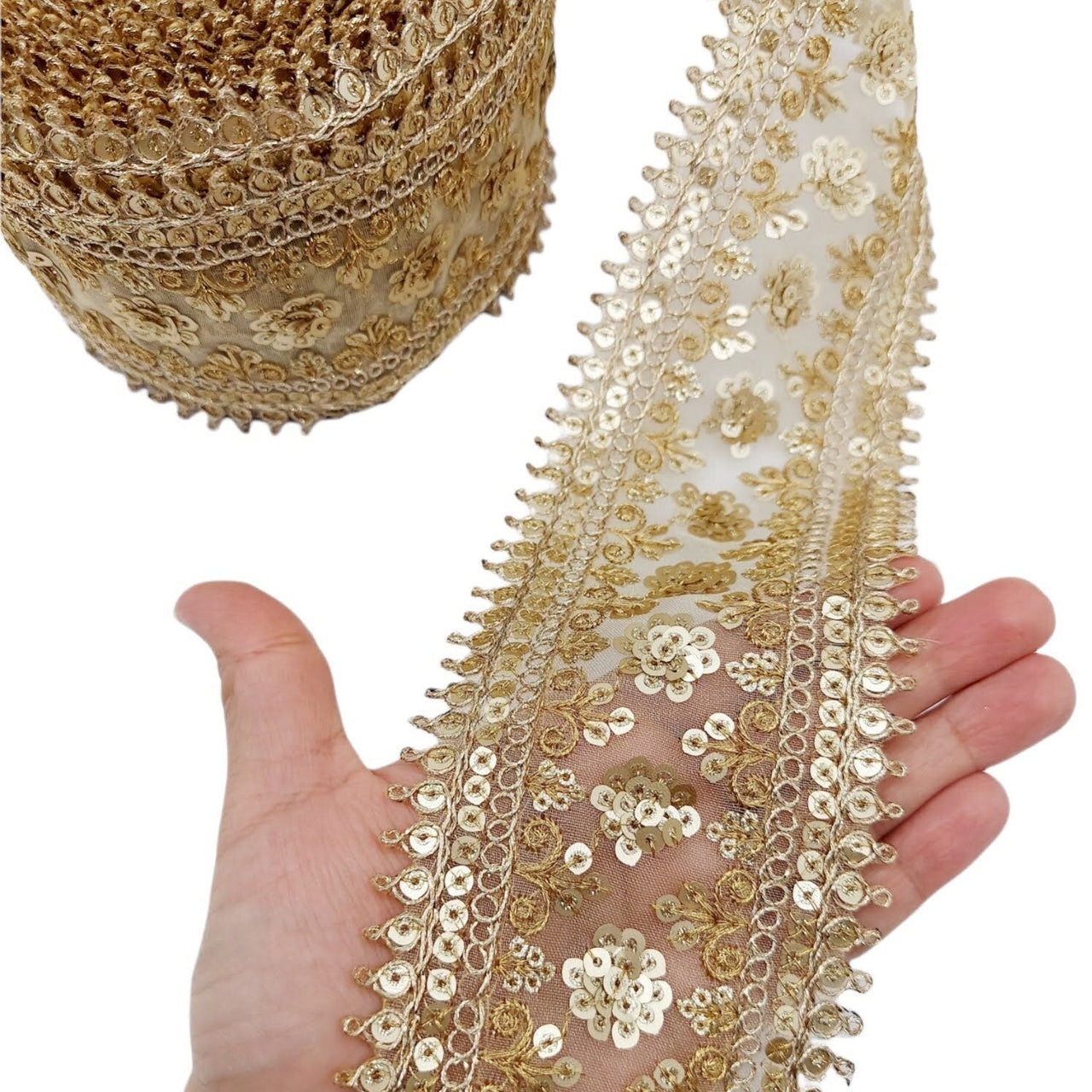 Gold Sequins Trim 2 Yards Decorative Embroidered Lace Sari Border Costume Ribbon Crafting Sewing Tape