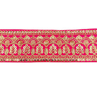 Thumbnail for 2 Yards Dark Pink Gold Embroidered Lace Trim Sequins Trim Decorative Sari Border Costume Ribbon Crafting Sewing Tape