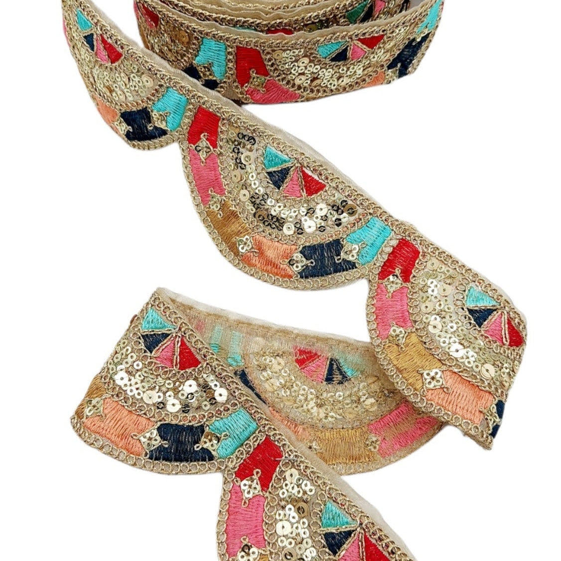 9 Yards Multicoloured Embroidered Trim, Decorative Trim, Indian Sari Border Sequin Trimming