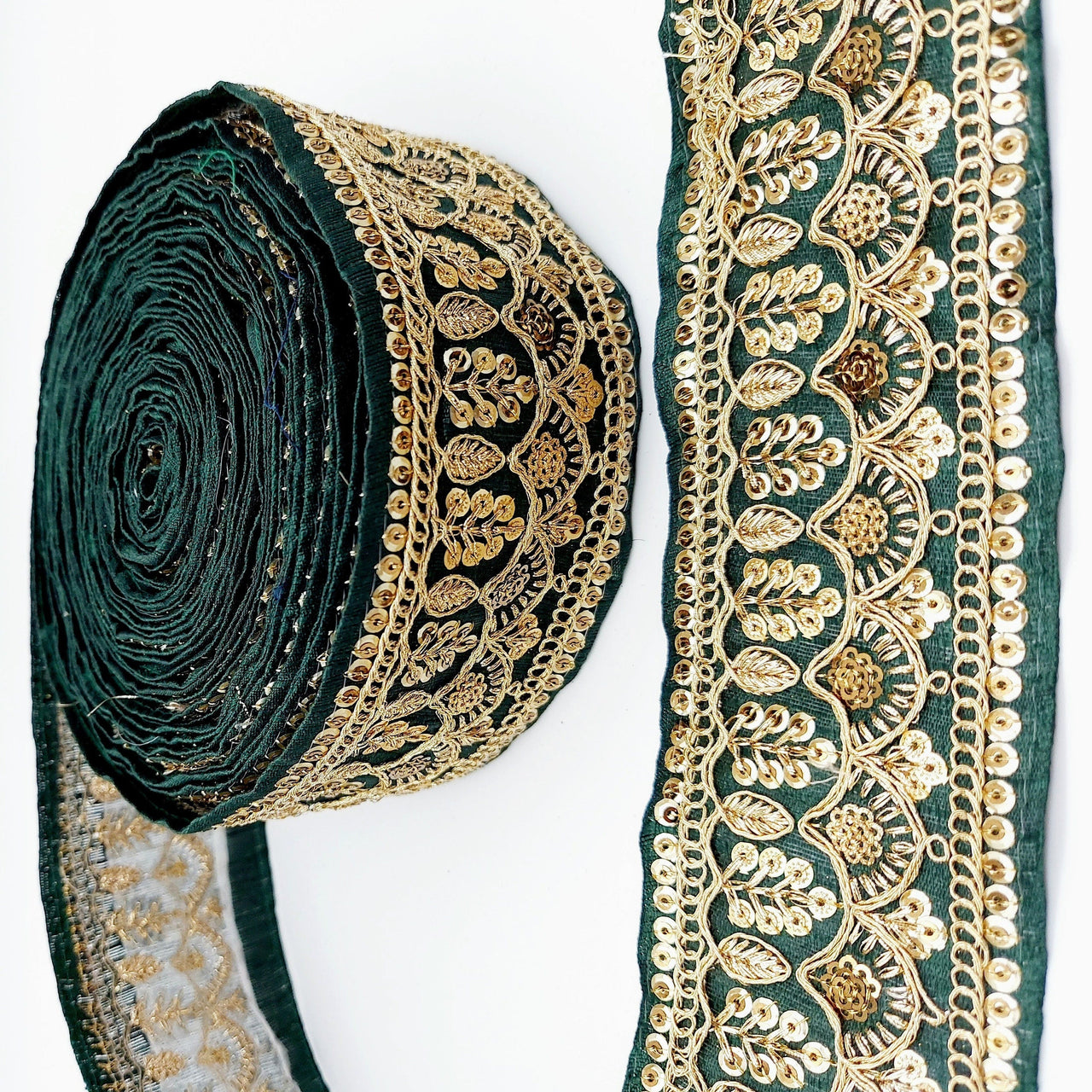 Dark Green Gold Embroidered Lace Trim Sequins Trim 9 Yard Decorative Sari Border Costume Ribbon Crafting Sewing Tape
