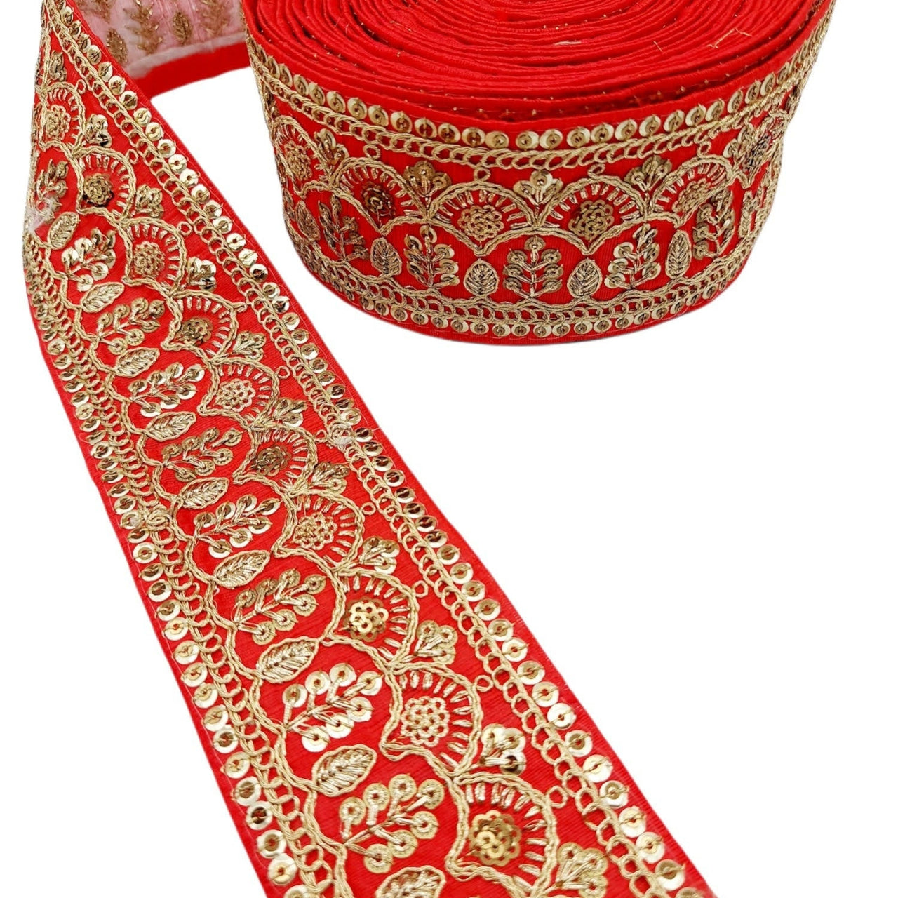 Red Gold Embroidered Lace Trim Sequins Trim 9 Yard Decorative Sari Border Costume Ribbon Crafting Sewing Tape