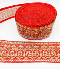 Thumbnail for 2 Yards, Red Gold Embroidered Lace Trim Sequins Trim 9 Yard Decorative Sari Border Costume Ribbon Crafting Sewing Tape
