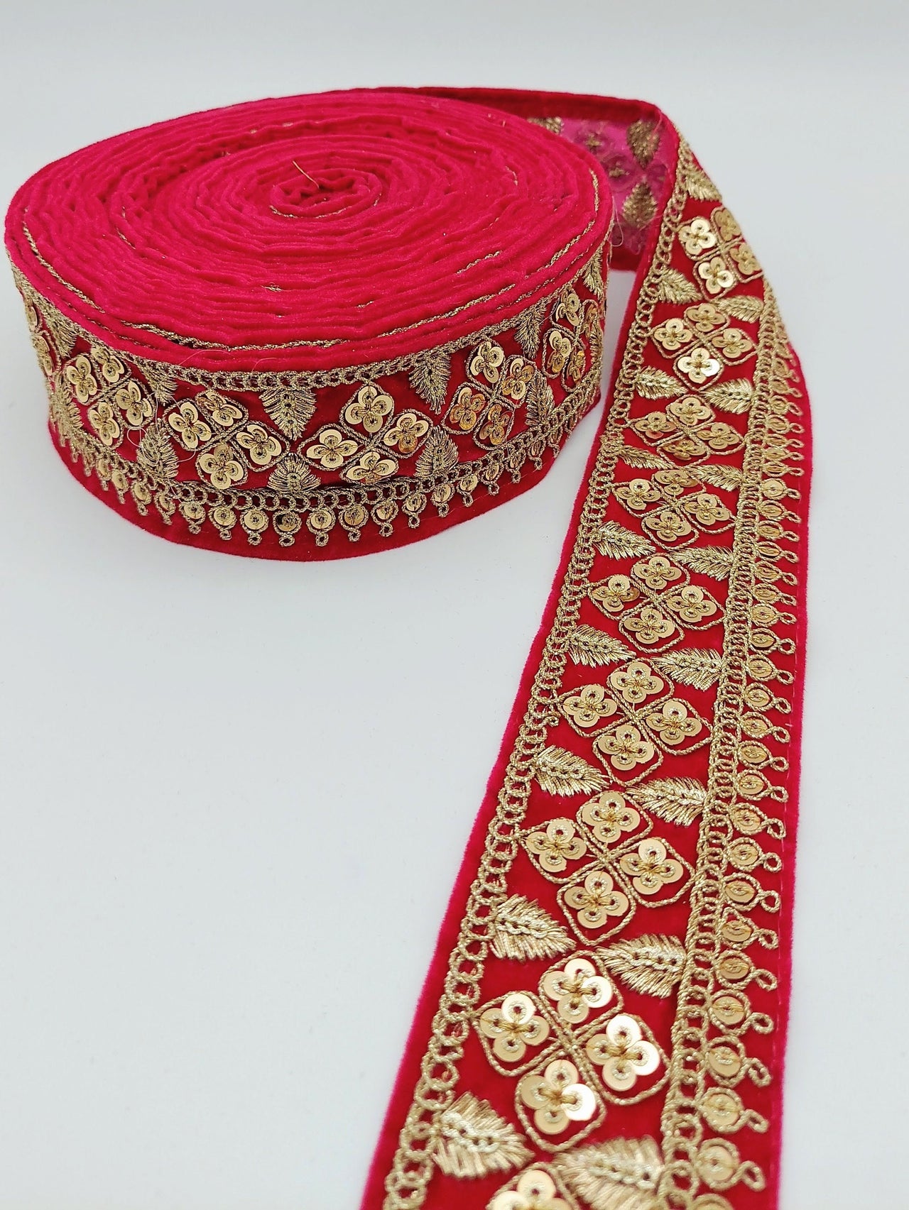 Velvet Fabric Sari Border Trim With Gold Sequins Embroidery, Trim By 9 Yards, Decorative Trimming