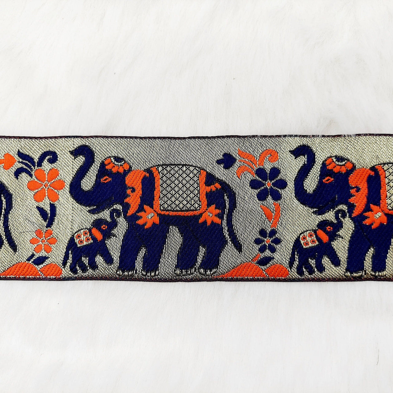9 Yards Antique Silver Jacquard Brocade Saree Border Trim with Elephant Woven in Navy Blue and Orange, Decorative Trim