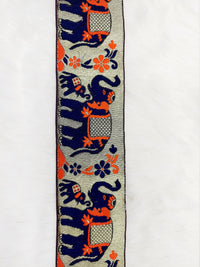 Thumbnail for 9 Yards Antique Silver Jacquard Brocade Saree Border Trim with Elephant Woven in Navy Blue and Orange, Decorative Trim
