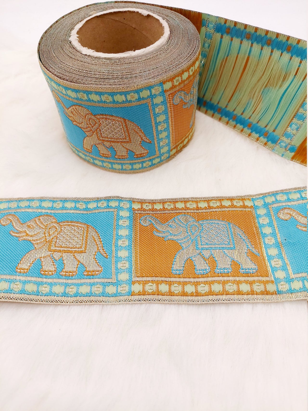 Beige Shimmer Jacquard Brocade Saree Border Trim with Elephant Woven in Brown and Blue, 9 Yards