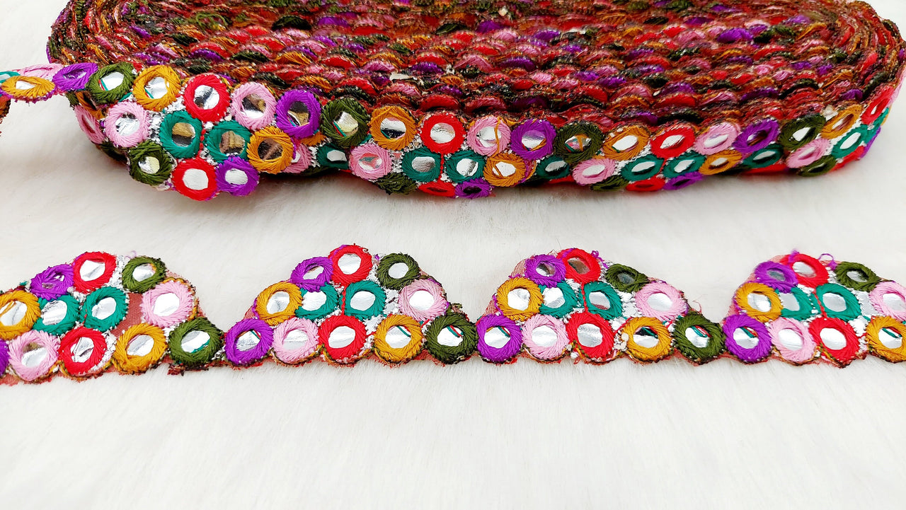 Multicoloured Indian Foil Mirror Trim, Kutch Embroidered Navratri Garba Dress Trim Bridal Lace, Indian Sari Border