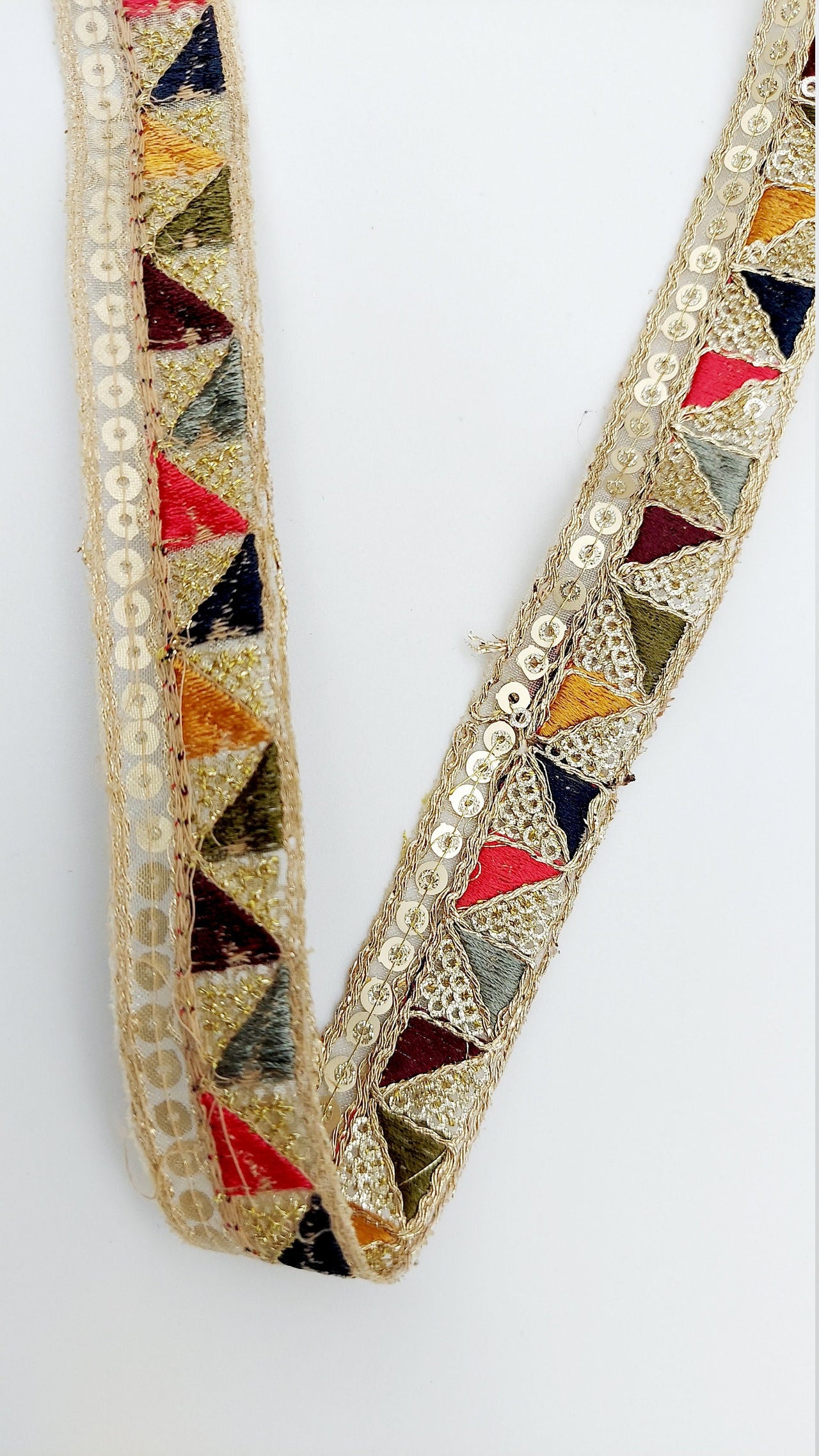 Gold Sequin Border With Multicoloured Triangle Embroidery, Beige Shimmer Lace Trim, Decorative Trim