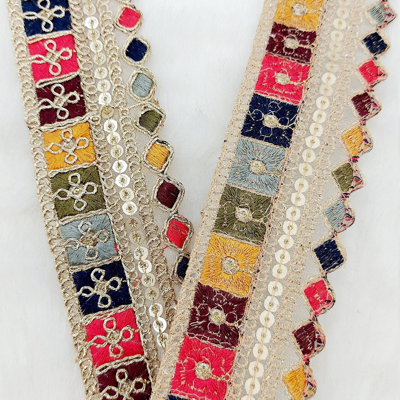 Gold Sequin Border With Multicoloured Floral Embroidery, Beige Shimmer Lace Trim, Decorative Trim