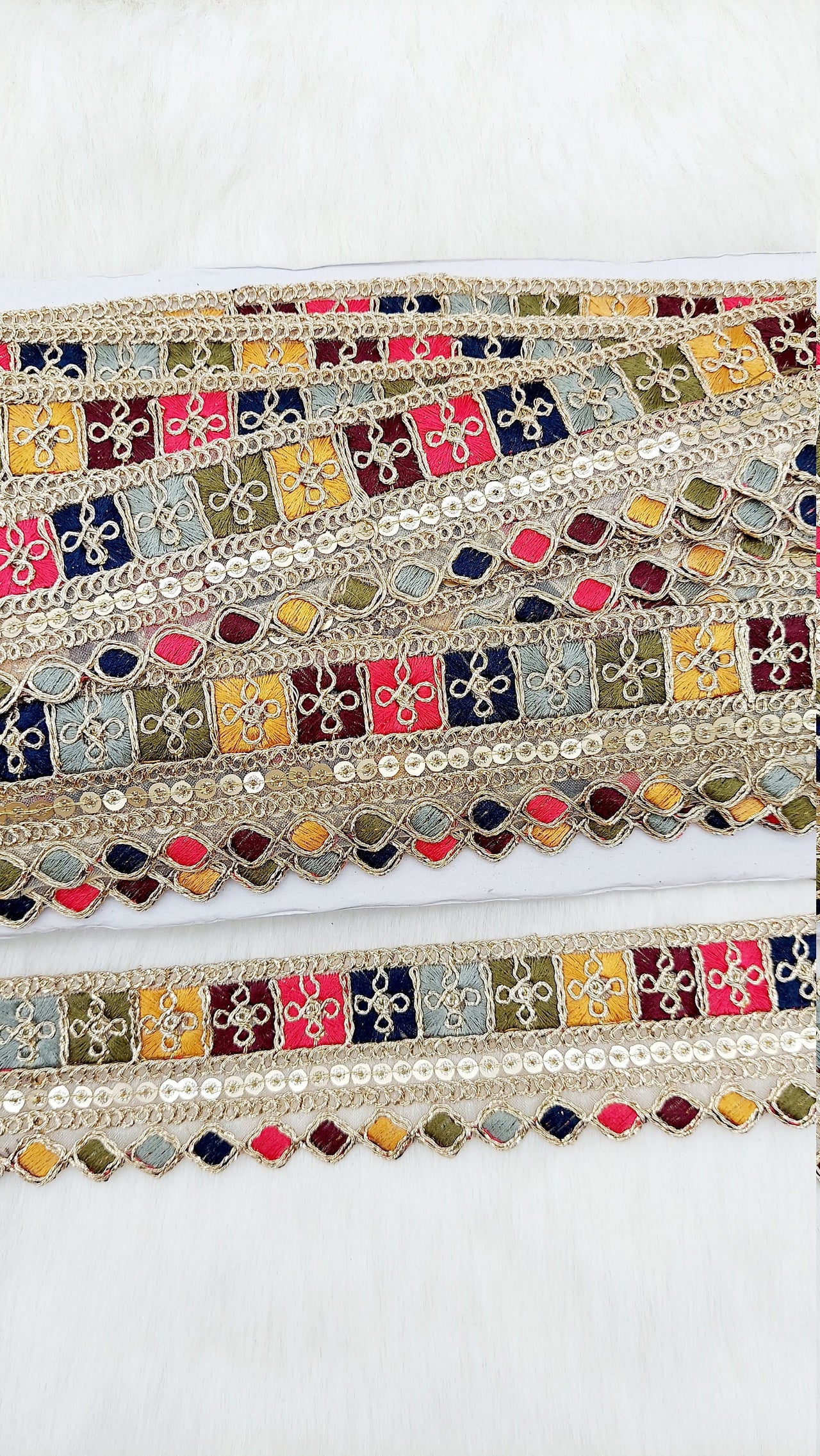 Gold Sequin Border With Multicoloured Floral Embroidery, Beige Shimmer Lace Trim, Decorative Trim