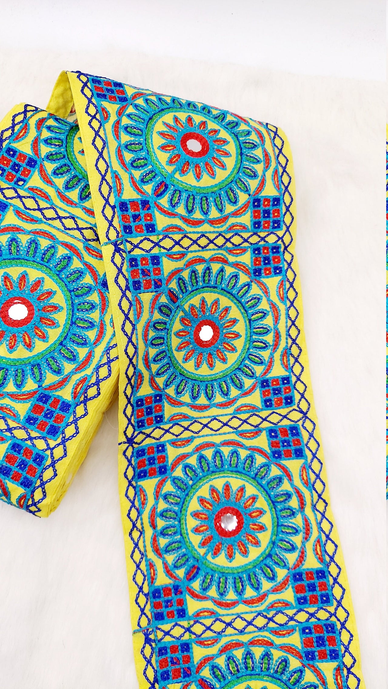 Indian Yellow Fabric Trim, Mirror Floral Kutch Embroidered, Decorative Trim