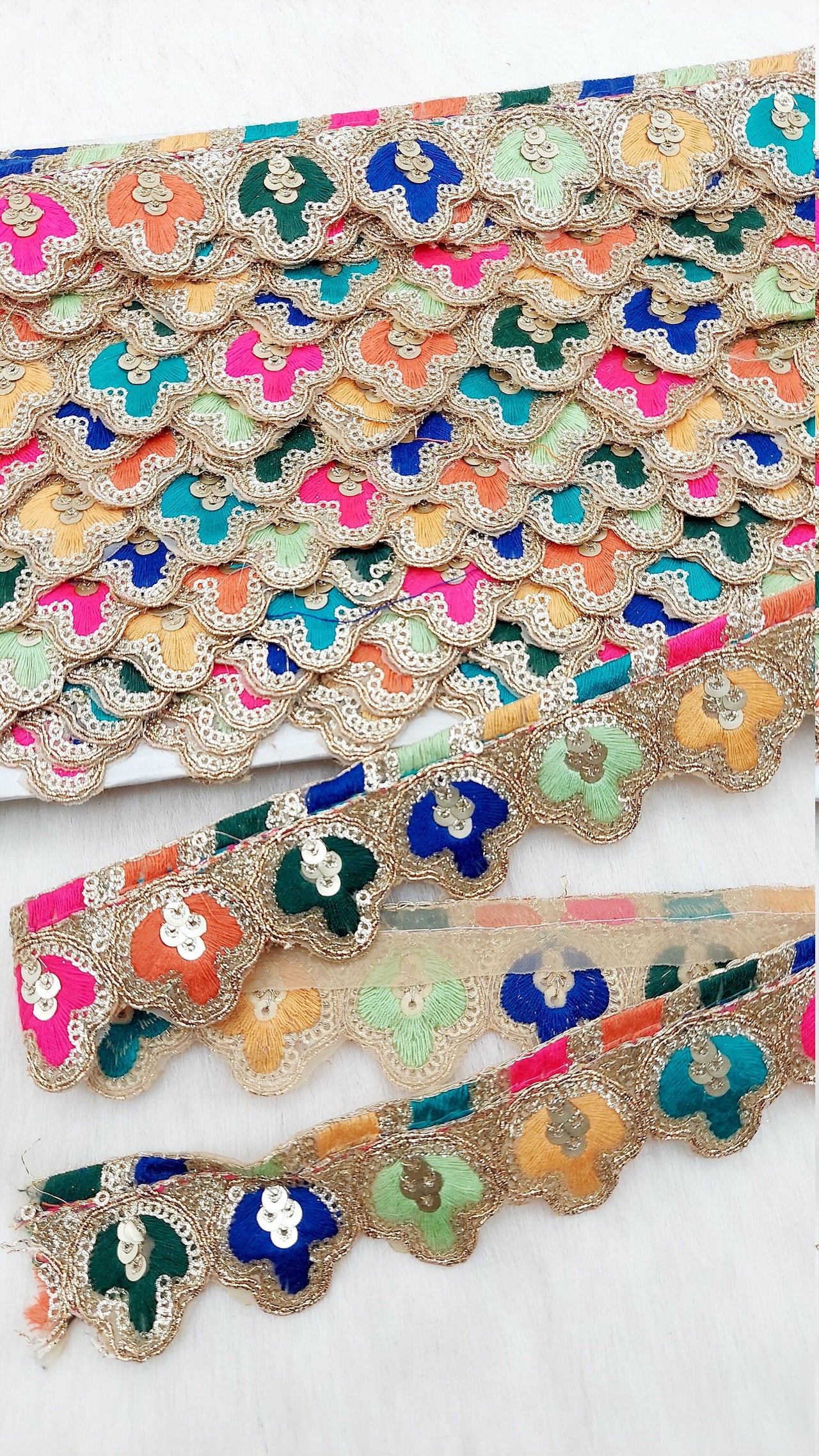 Scallop Sequin Floral Border, Fringe Lace Trim, Sari Trimming