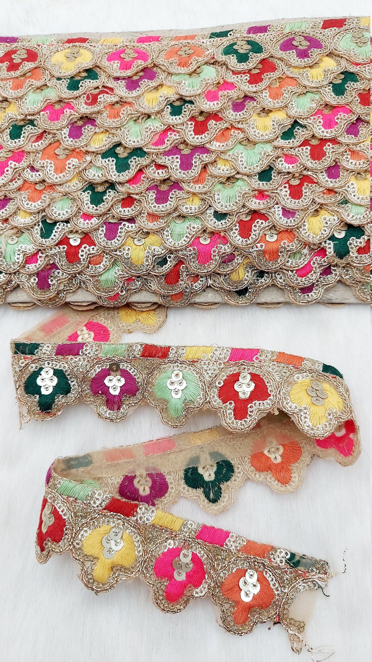Scallop Sequin Floral Border, Fringe Lace Trim, Sari Trimming