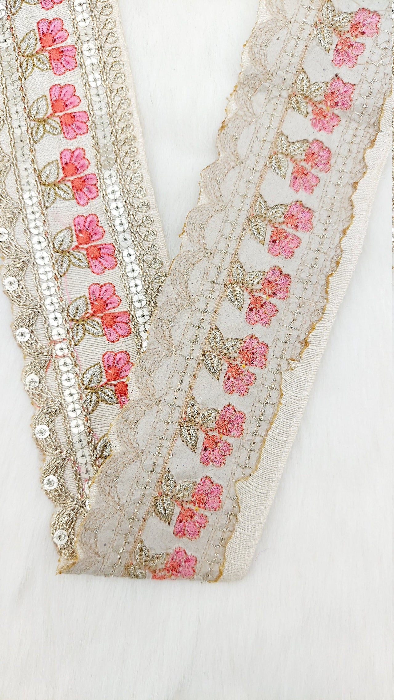 Art Silk Trim Gold Embroidered Sequins Pink Floral Trim, Decorative Trim, Indian Sari Border