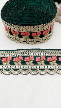Thumbnail for Art Silk Trim Gold Embroidered Sequins Pink Floral Trim, Decorative Trim, Indian Sari Border