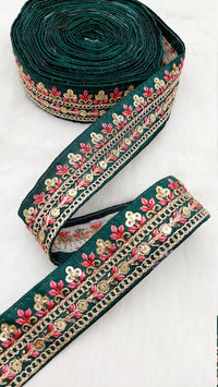 Thumbnail for Floral Embroidered Sequin Border Art Silk Trim, Decorative Trim, Indian Sari Border