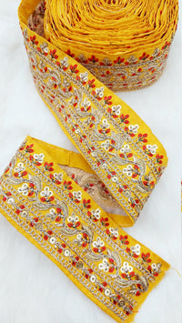 Thumbnail for Art Silk Fabric Sari Border Trim with Floral Embroidery and Gold Sequins, Decorative Trim, Indian Sari Border