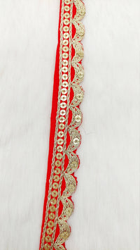 Thumbnail for Art Silk Fabric Trim With Gold Embroidery, Scallop Sequins Sari Border, Trim By 3 Yards