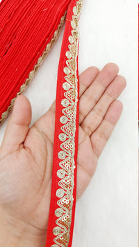 Thumbnail for Red Pink Art Silk Trim with Gold Embroidery and Gold Sequins Indian Sari Border Trim By 3 Yards Decorative Trim Craft Lace