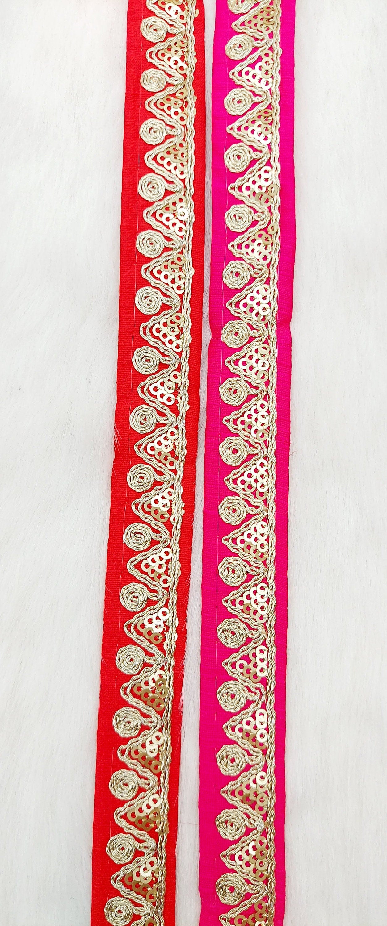 Red Pink Art Silk Trim with Gold Embroidery and Gold Sequins Indian Sari Border Trim By 3 Yards Decorative Trim Craft Lace