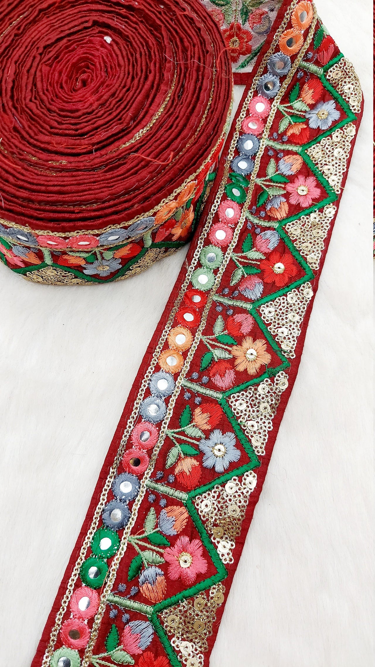 Floral Embroidered Velvet Trim Indian Sari Border, Sequin Trimming, Sequinned Lace