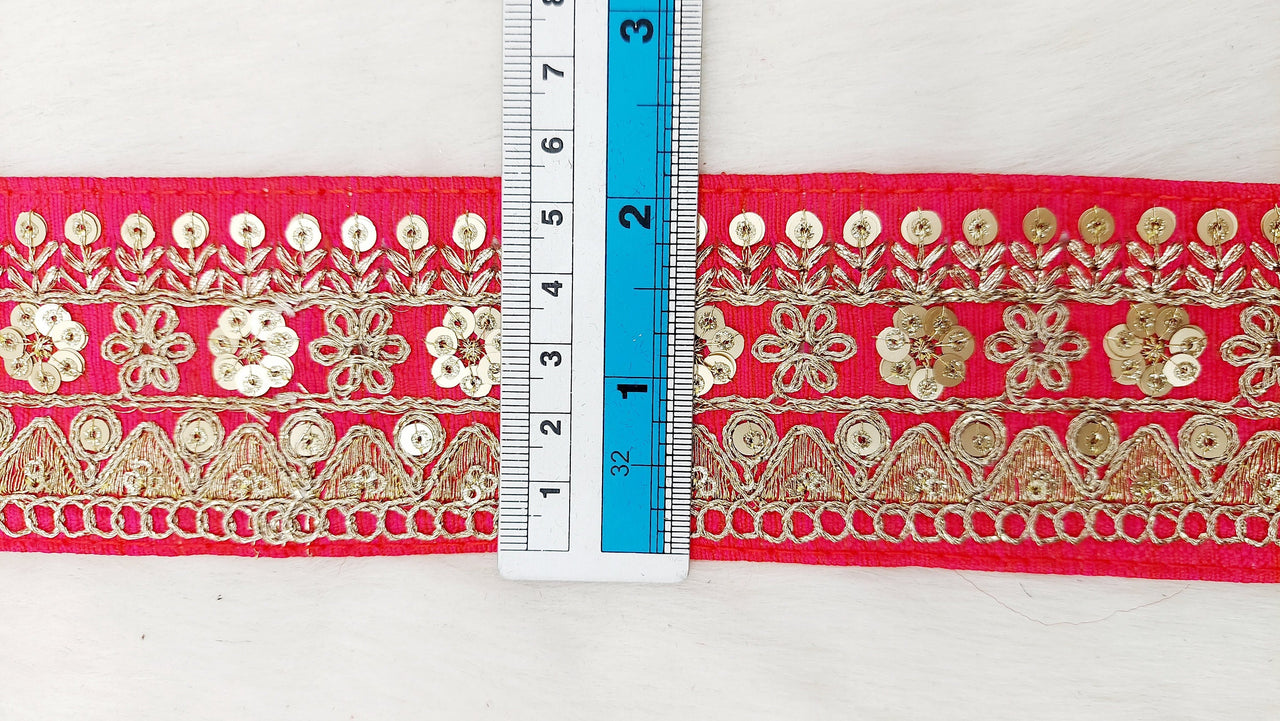 Art Silk Fabric Trim With Gold Floral Embroidery, Floral Sequins Sari Border, Trim By 9 Yards