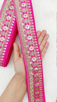 Thumbnail for Art Silk Fabric Trim With Gold Floral Embroidery, Floral Sequins Sari Border, Trim By 9 Yards