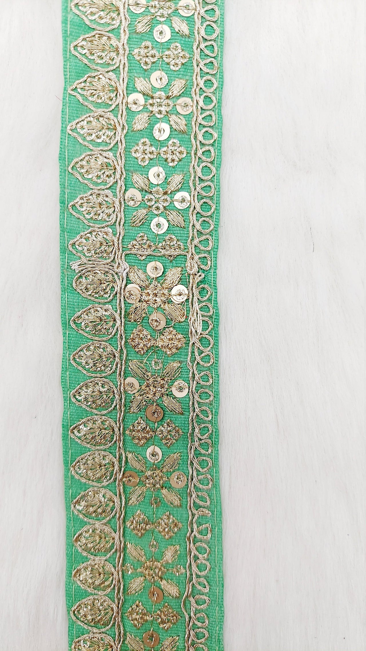 Green Art Silk Fabric Trim With Gold Floral Embroidery, Floral Sequins Sari Border, Trim By 9 Yards