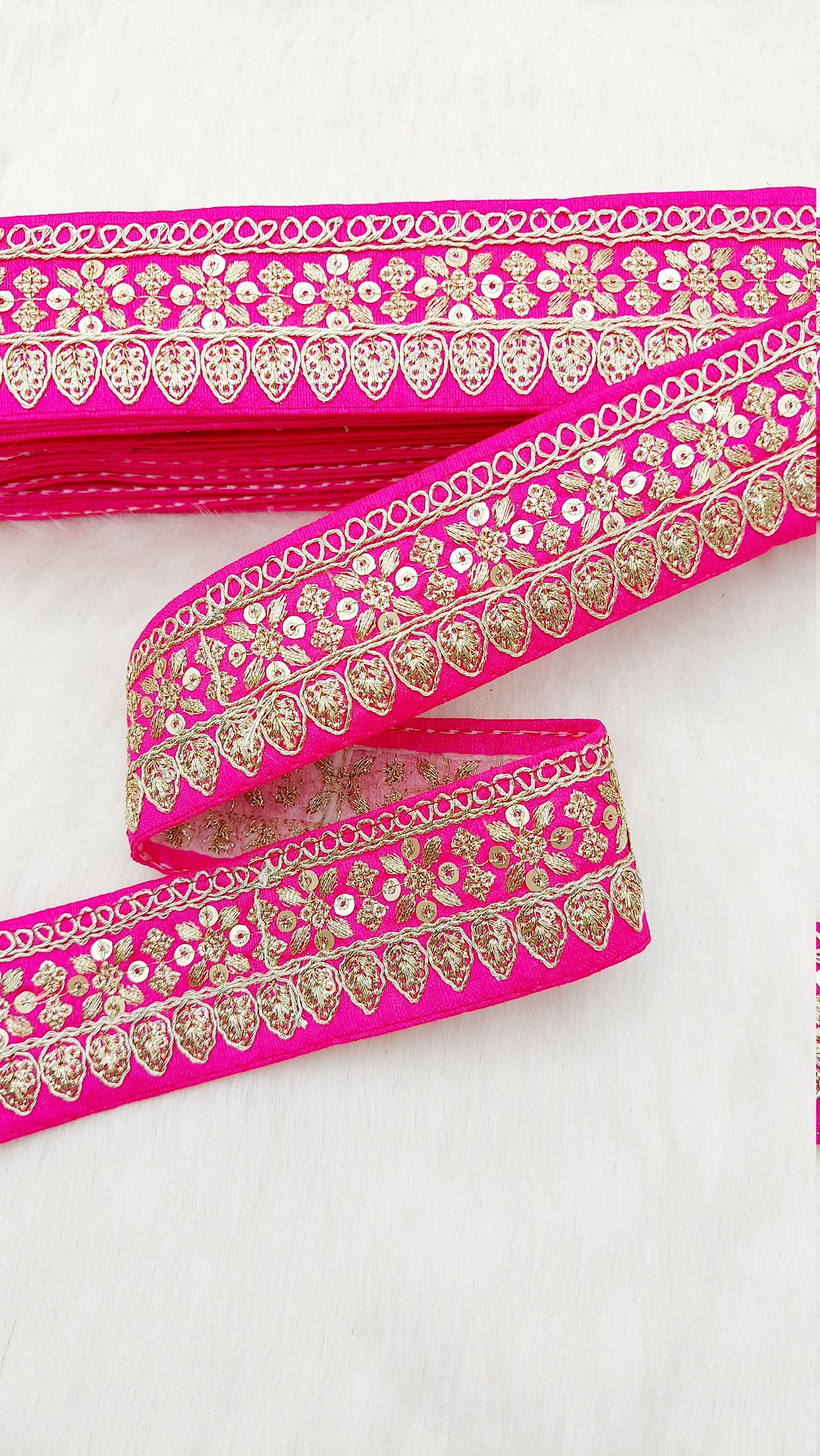 Fuchsia Pink Art Silk Fabric Trim With Gold Floral Embroidery, Floral Sequins Sari Border, Trim By 9 Yards
