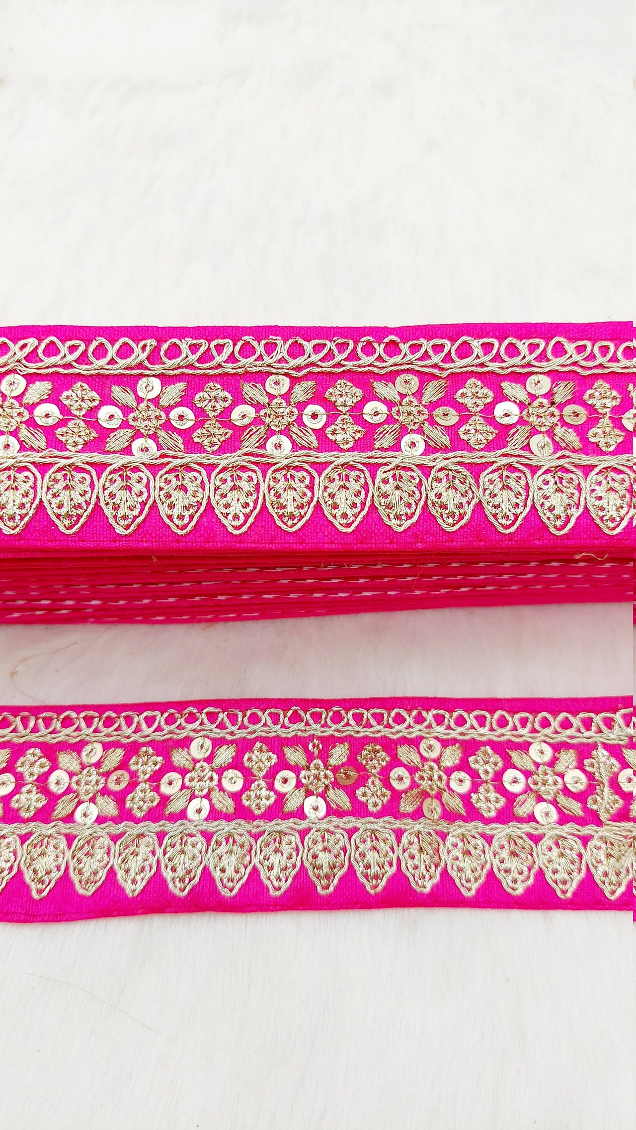 Fuchsia Pink Art Silk Fabric Trim With Gold Floral Embroidery, Floral Sequins Sari Border, Trim By 9 Yards