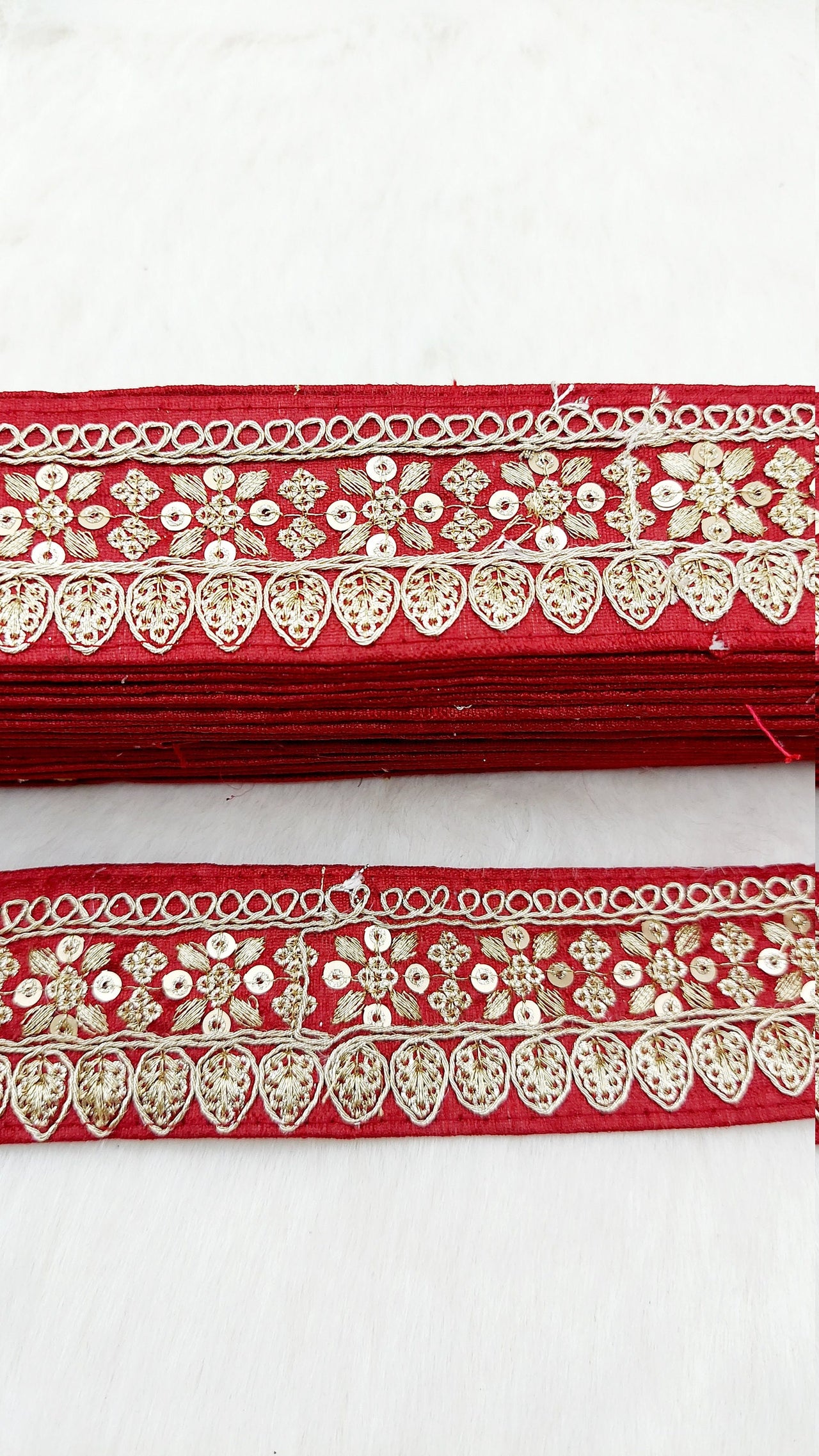 Maroon Red Art Silk Fabric Trim With Gold Floral Embroidery, Floral Sequins Sari Border, Trim By 9 Yards
