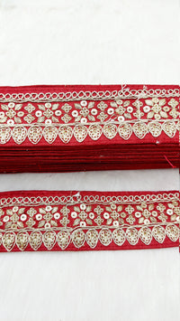 Thumbnail for Maroon Red Art Silk Fabric Trim With Gold Floral Embroidery, Floral Sequins Sari Border, Trim By 9 Yards