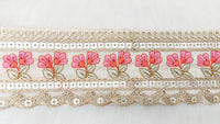 Thumbnail for Art Silk Trim Gold Embroidered Sequins Pink Floral Trim, Decorative Trim, Indian Sari Border
