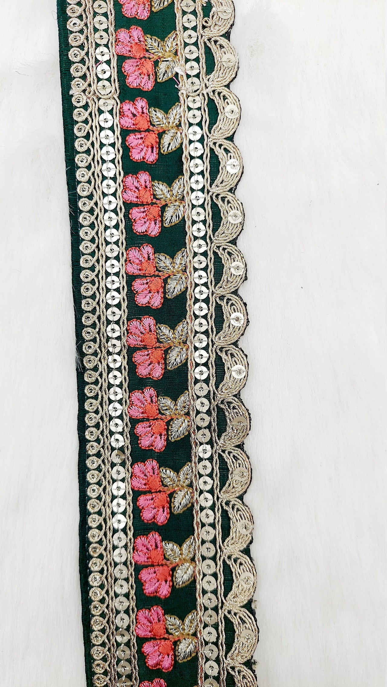 Art Silk Trim Gold Embroidered Sequins Pink Floral Trim, Decorative Trim, Indian Sari Border