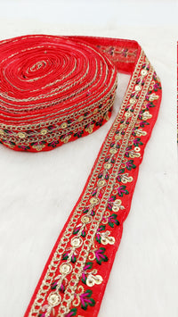 Thumbnail for Floral Embroidered Sequin Border Art Silk Trim, Decorative Trim, Indian Sari Border