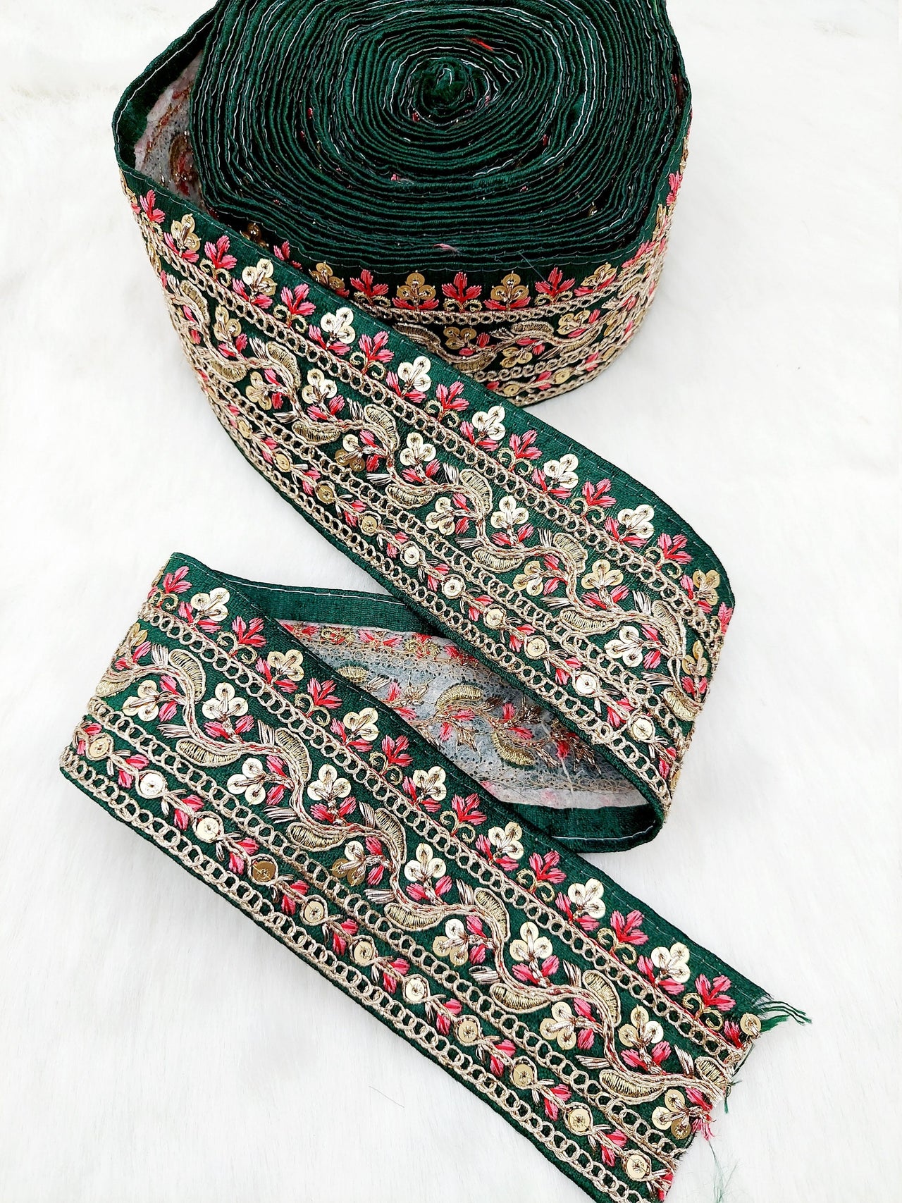 Art Silk Fabric Sari Border Trim with Floral Embroidery and Gold Sequins, Decorative Trim, Indian Sari Border
