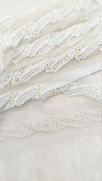 Thumbnail for White Net Bridal Trim In White Beaded Leaf Embroidery, Hand Embroidered Bead Lace, Floral Embroidered Trim