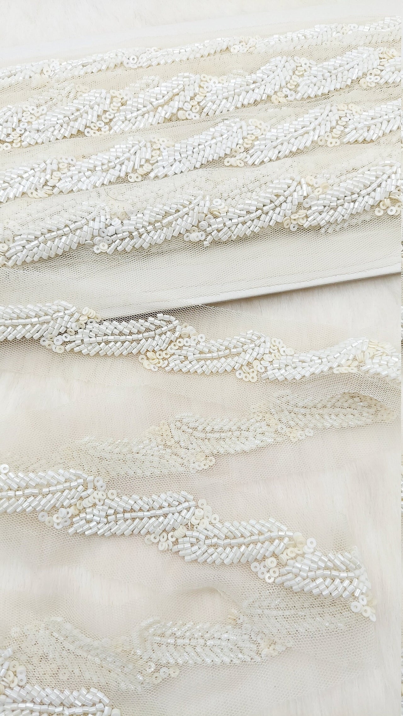 White Net Bridal Trim In White Beaded Leaf Embroidery, Hand Embroidered Bead Lace, Floral Embroidered Trim