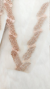 Thumbnail for Beige Net Bridal Trim Rose Gold Beaded Leaf Embroidery, Hand Embroidered Bead Lace, Floral Embroidered Trim