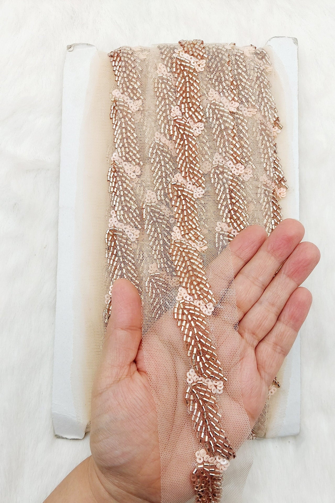 Beige Net Bridal Trim Rose Gold Beaded Leaf Embroidery, Hand Embroidered Bead Lace, Floral Embroidered Trim