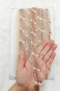 Thumbnail for Beige Net Bridal Trim Rose Gold Beaded Leaf Embroidery, Hand Embroidered Bead Lace, Floral Embroidered Trim