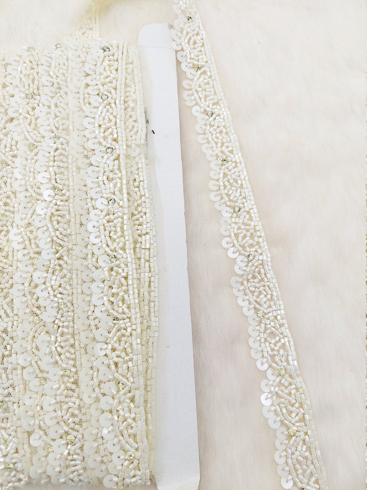 White Net Bridal Trim In White Beaded Embroidery, Hand Embroidered Bead Lace, Embroidered Lace