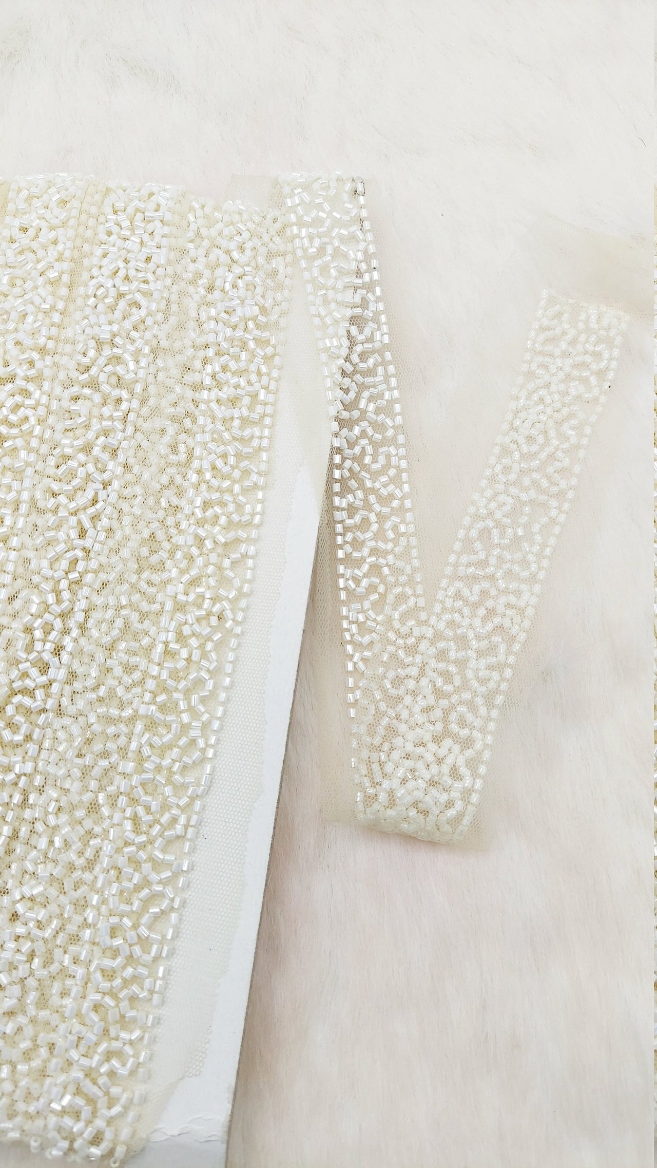 White Wedding Net Bridal Trim In White Beaded Embroidery, Hand Embroidered Bead Lace, Embroidered Lace
